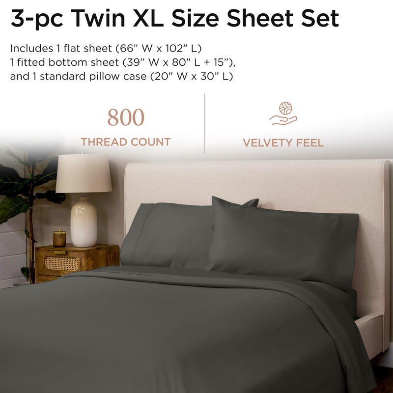 Threadmill Luxury 800 Thread Count 100% Cotton Sheets - Sateen Weave Twin XL Bed-Sheets, Better Than Egyptian Cotton,3 Pc Solid Soft Bedding Set (Dark Grey), Fits 15" Deep Pocket - Image 2